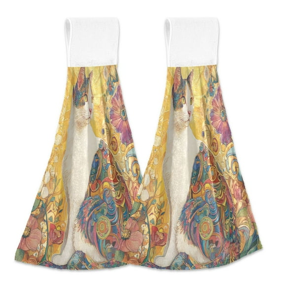 BZSMCE Hanging Hand Towels Fashion The Colorful Cat Pattern 2-Pack - Velcro Style Bathroom Kitchen Towels