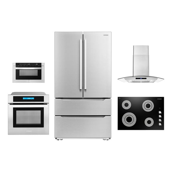 Cosmo 5 Piece Kitchen Appliance Package With 30" Electric Cooktop 30" Wall Mount Range Hood 24" Single Electric Wall Oven 24.4" Built-in Microwave & French Door Refrigerator