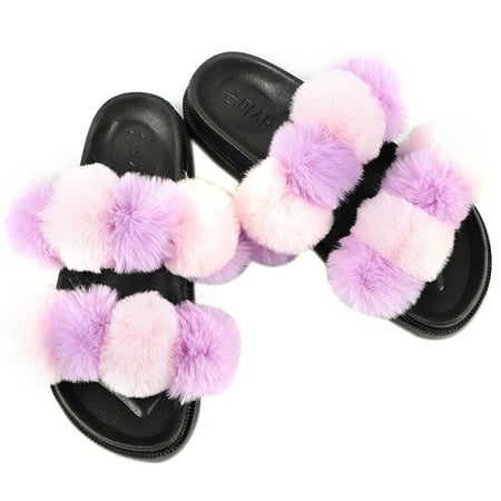 

Coxeer Women Furry Slippers Fashion Pom Pom Ball Faux Fur Slippers Fluffy Sandals