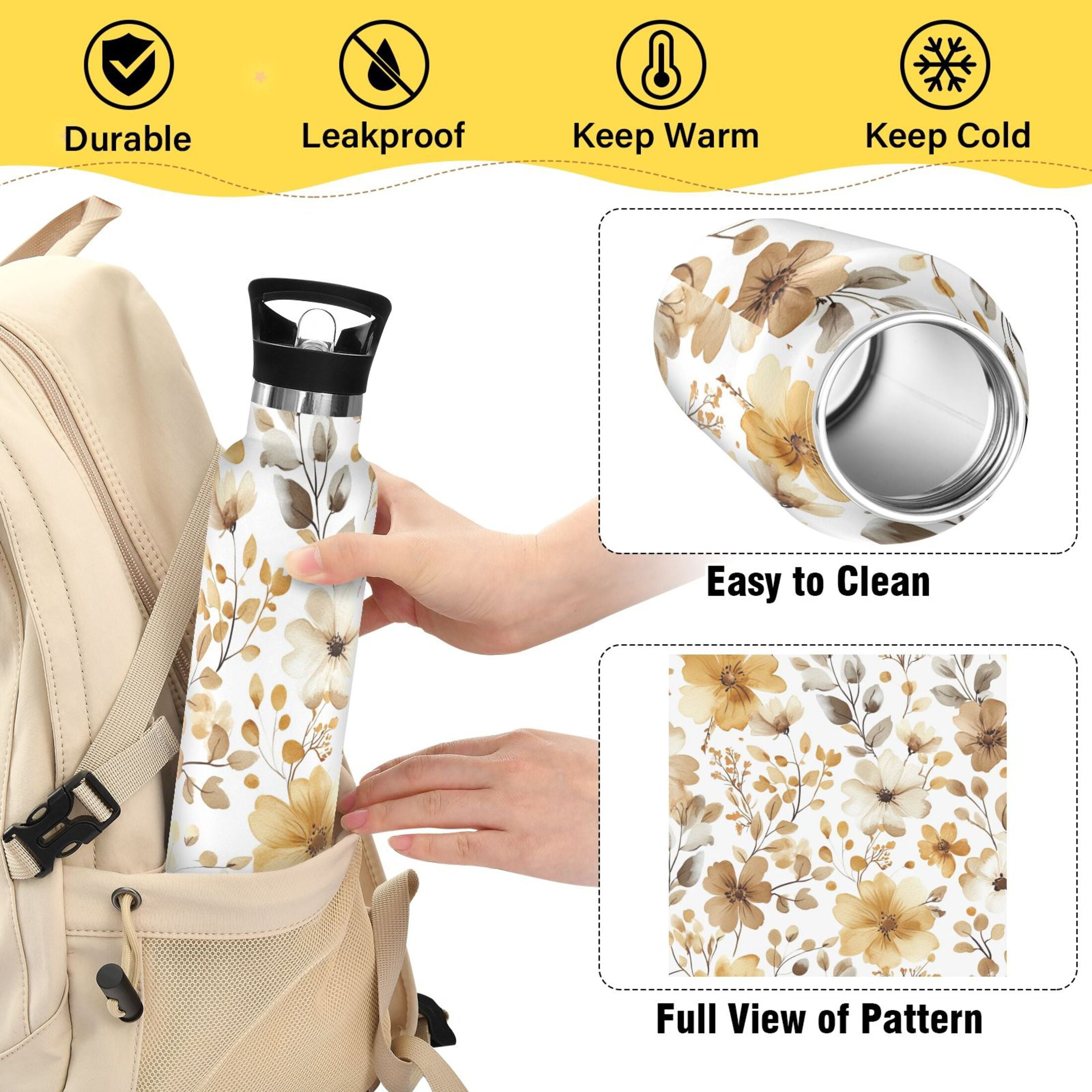 600ML Stainless Steel Insulated Cup Sports Water Bottle Portable Thermos Cup Water Glasses Insulated Tumblers Convenient and Durable Charming Yellow Flowers