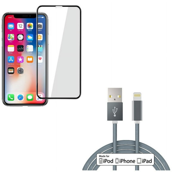 iPhone XS/X - Tempered Glass Screen Protector w 10ft MFi USB Cable - 5D Touch Curved Edge Full Cover Bubble Free Case Friendly 9H Hardness, Certified Charger Cord Power Wire Braided Long