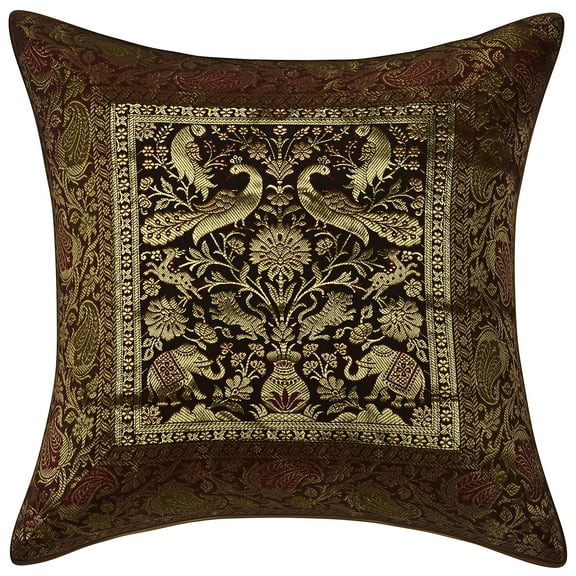 Stylo Culture Indian Sofa Throw Pillow Cover 16 x 16 Jacquard Peacock Dark Brown Square 40 x 40 cm Home Decor Brocade Elephant Zippered Cushion Cover | 1 Pc