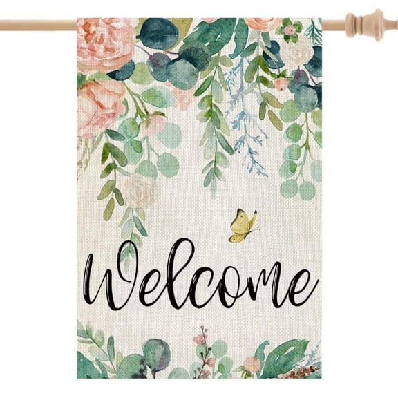 Sinkoo Spring House Flag 28x40 Inch Double Sided Welcome Eucalyptus Large Burlap for Outside Welcome Holiday Yard Party Decoration