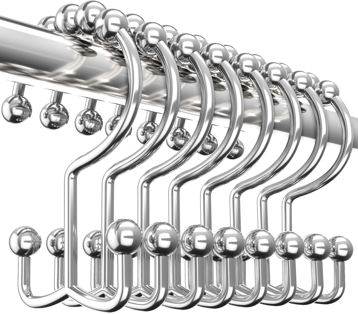 Double Glide Roller Shower Curtain Hooks, Double Sided Rings, Rust Proof Shower Curtain Hooks, Chrome