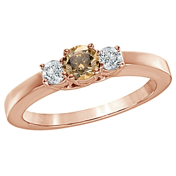 AFFY Champagne &White Natural Diamond Three Stone Engagement Ring in 14k Rose Gold