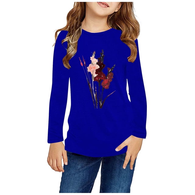 RXIRUCGD Chemises à Manches Longues pour Filles, Col Rond Mignon, Blouses Décontractées Élégantes (Bleu, Taille : 7 Ans)