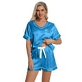 thumbnail image 5 of DAKIMOE Womens Pajama Set Silk Satin Pajamas Short Sleeve Sleepwear Matching Soft Loungewear 2 Piece Lounge Pjs Shorts Set S-XL, Blue, S, 5 of 7