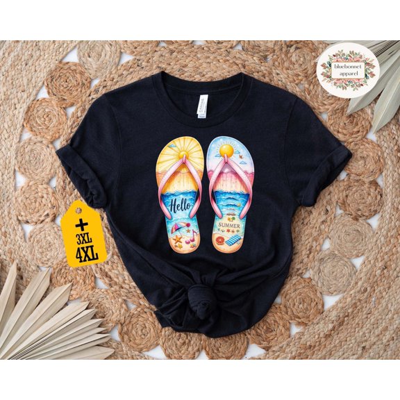 Hello Summer Flip Flops Shirt, Cute Beach Sandals Graphic Tee, Summer Shirt for Women, Colorful Tropical Vacation Shirt for Mom All Size S-5Xl