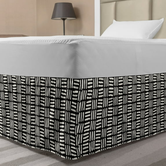 Abstract Bed Skirt, Weathered Look Geometric Design with Perpendicular Skew Lines Modern Art, Elastic Bedskirt Dust Ruffle Wrap Around for Bedding Decor, 4 Sizes, Black and White, by Ambesonne