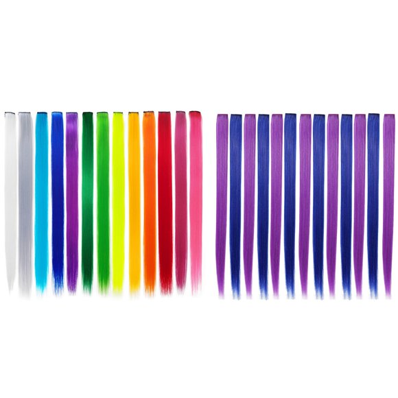 13 Pcs Colored Party Highlights Colorful Clip in Hair Extensions 55cm Purple + Blue & 13 Pcs Rainbow