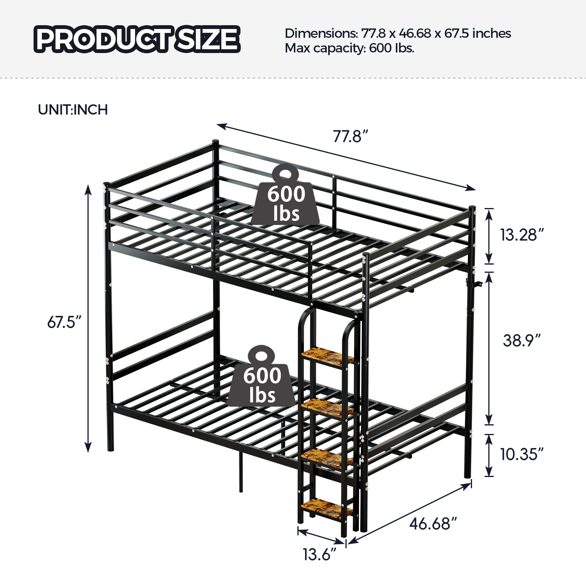 Leumius Metal Bunk Bed, Twin Over Twin Bunk Beds, Twin Size Bunk Bed with Safety Guardrail and Ladder, Twin Bunk Beds, No Box Spring Needed, Noise Free for Apartment, BedroomBlack