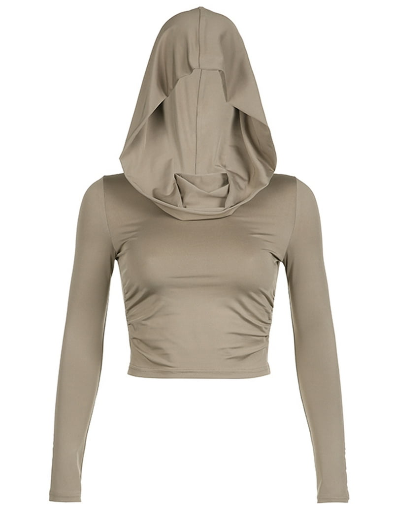 Peyakidsaa Women's Hooded Crop Tops Long Sleeve Hoodie Cowl