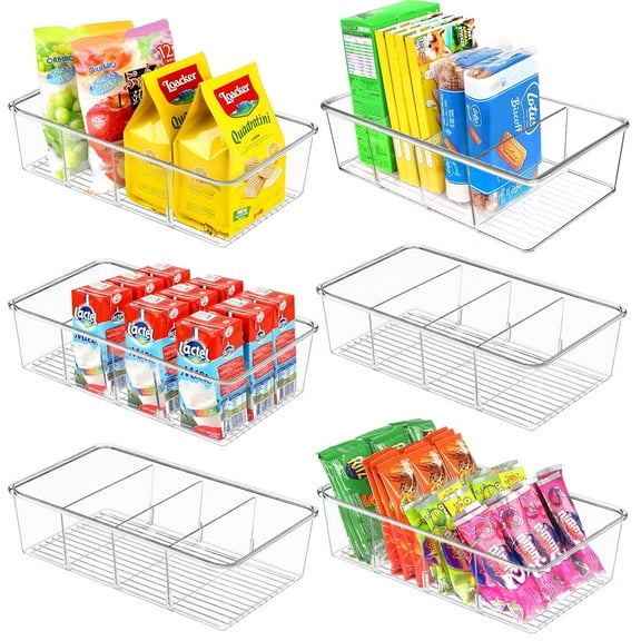 Food Organizer Bin for Pantry, AOKIWO 6 Packs Stackable Refrigerator Organizing Bin with Dividers For Snacks,Spices,Chips for Kitchen, Fridge, Cabinet