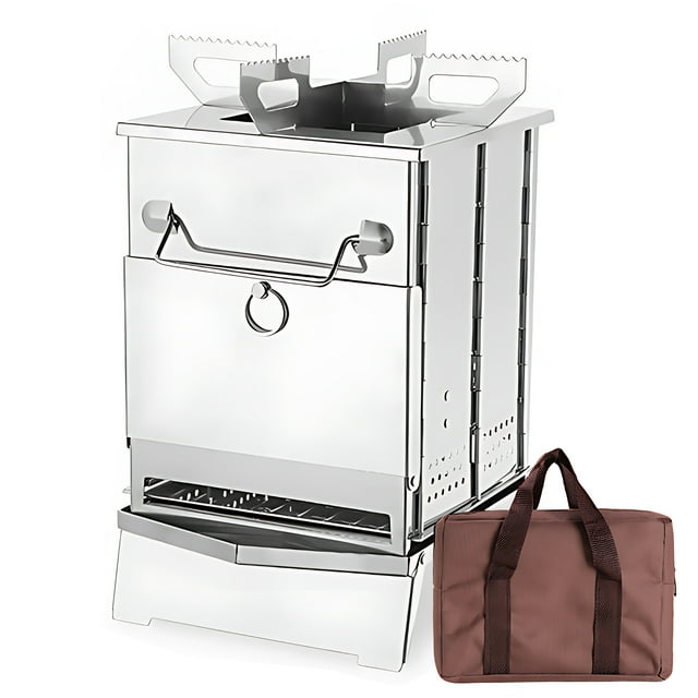 Réchaud à Bois Portable de Camping Pliable Petit Réchaud en Acier Inoxydable pour Tente avec Plaque de Support de Réchaud Amovible Base Stable Réchaud à Bois de Randonnée avec Sac de Rangement