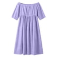 thumbnail image 4 of Women's off-the-Shoulder Cotton Linen Blend Dress Short Sleeve Lace Trim Casual Midi Dress with Side Slit for Summer Beach Vacation Purple XXL(XXL), 4 of 7