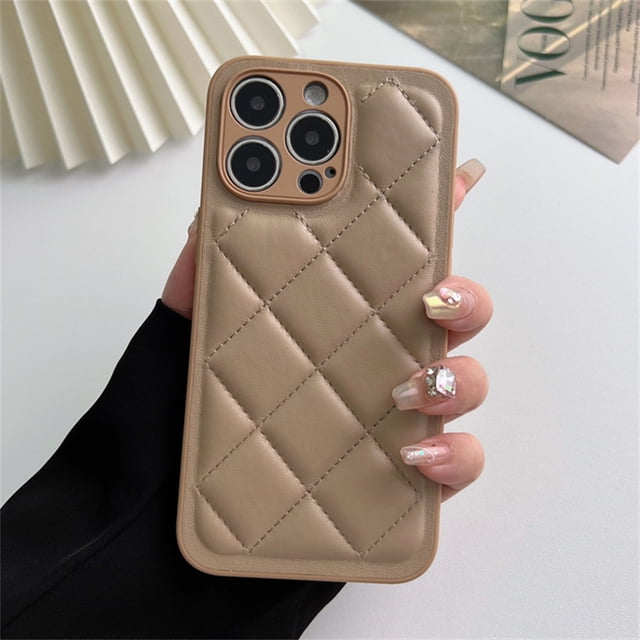 Fashion 3D Diamond Lattice Leather Texture Down Jacket Case For iPhone 15 14 13 12 11 Pro Max Plus Solid Color Shockproof Cover