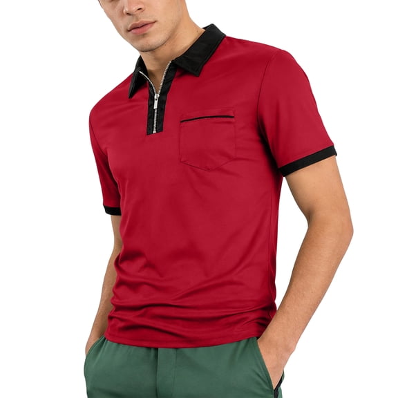 CIENVNSTG Casual Daily Wear Contrast Collar Polo Shirts For Men Short Sleeve Half Zip Lightweight Breathable Tops With Chest Pocket Contrast Trim Cuff Golf Athletic Apparel Wine L