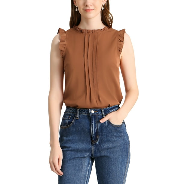 BLUSA SIN MANGAS CHIC PARA MUJER INSPIRADA, CON VOLANTES Y PLEATS, IDEAL PARA TRABAJAR, TALLA XL, COLOR MARRÓN
