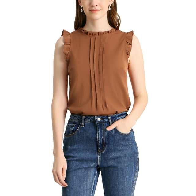 INSPIRE CHIC Women's Sleeveless Blouse Ruffled Pleated Wear-to-Work Chic Blouse M Brown