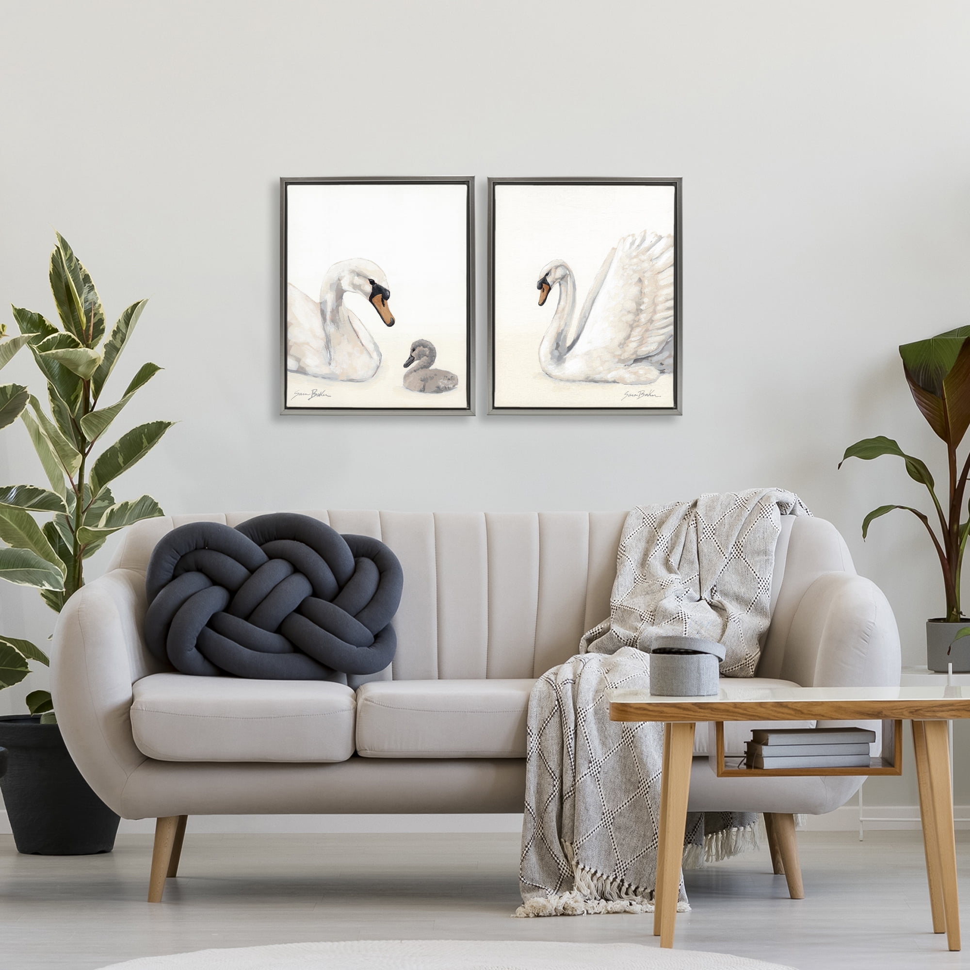 Stupell Industries Graceful Swan & Cygnet 2 Piece Gray Framed Floater Canvas Set, design by Sara Baker