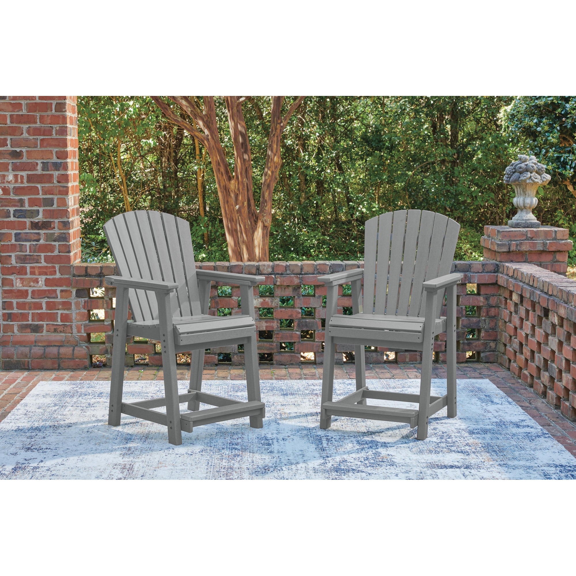 Signature Design by Ashley Ross Cove Outdoor Bar Stool Set (2) Dark Gray Patio Counter Height Adirondack Chairs with HDPE Wood-Look