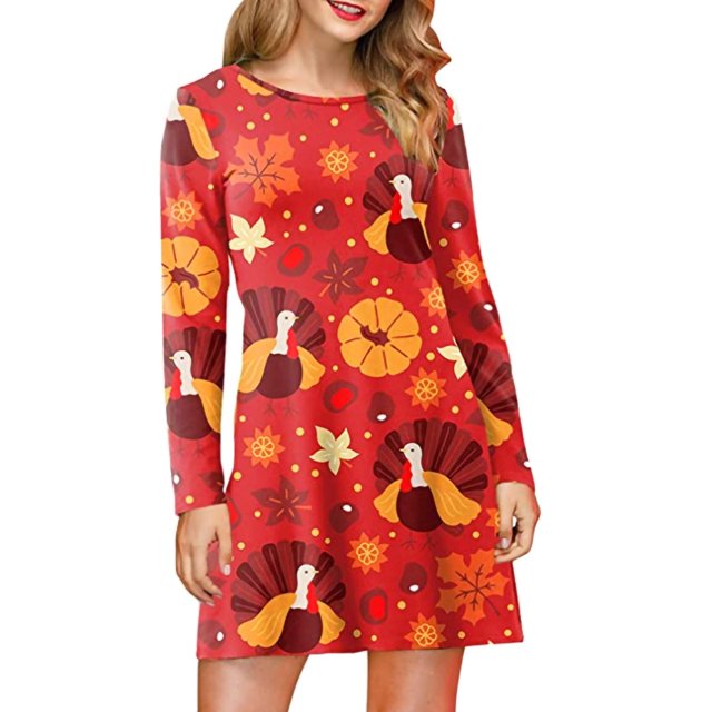 Innerwin Mini Robe à Carreaux pour Femmes Robes Courtes Vacances Col Rond Décontracté Dinde et Feuilles L