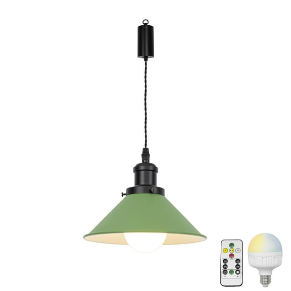 KAYYELAMP Remote LED Bulb Rechargeable Battery Adjusted Height Hanging Light Dimming Timing Black & Green Metal Lamp Vintage Design for Kitchen Farmhouse