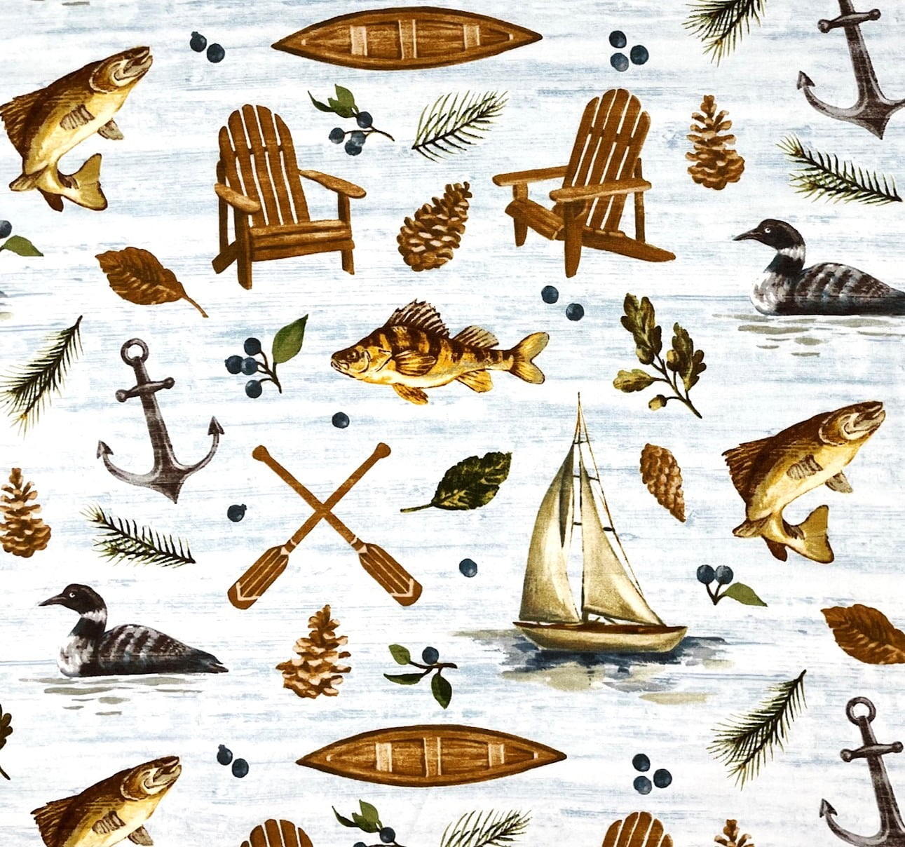 1 Yard - Ducks Fish Canoes Fishing Camping Boating on a Blue Lake Cotton Fabric (Great for Quilting, Sewing, Craft Projects, Throw Pillows & More) 1 Yard X 44" Wide