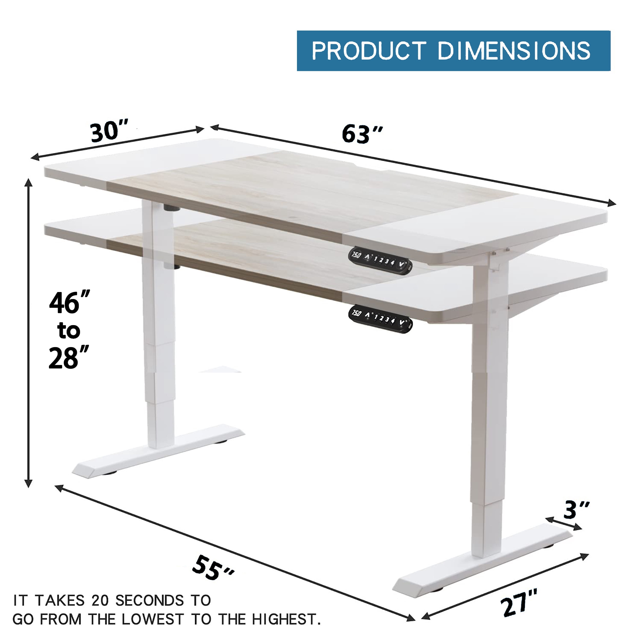 Electric Standing Desk 63x30 Inch, Height Adjustable Sit Stand Desk, Splice Board, 4 Memory Presets, Cable Basket, Side Hooks, Home Office Workstation, White Light Oak