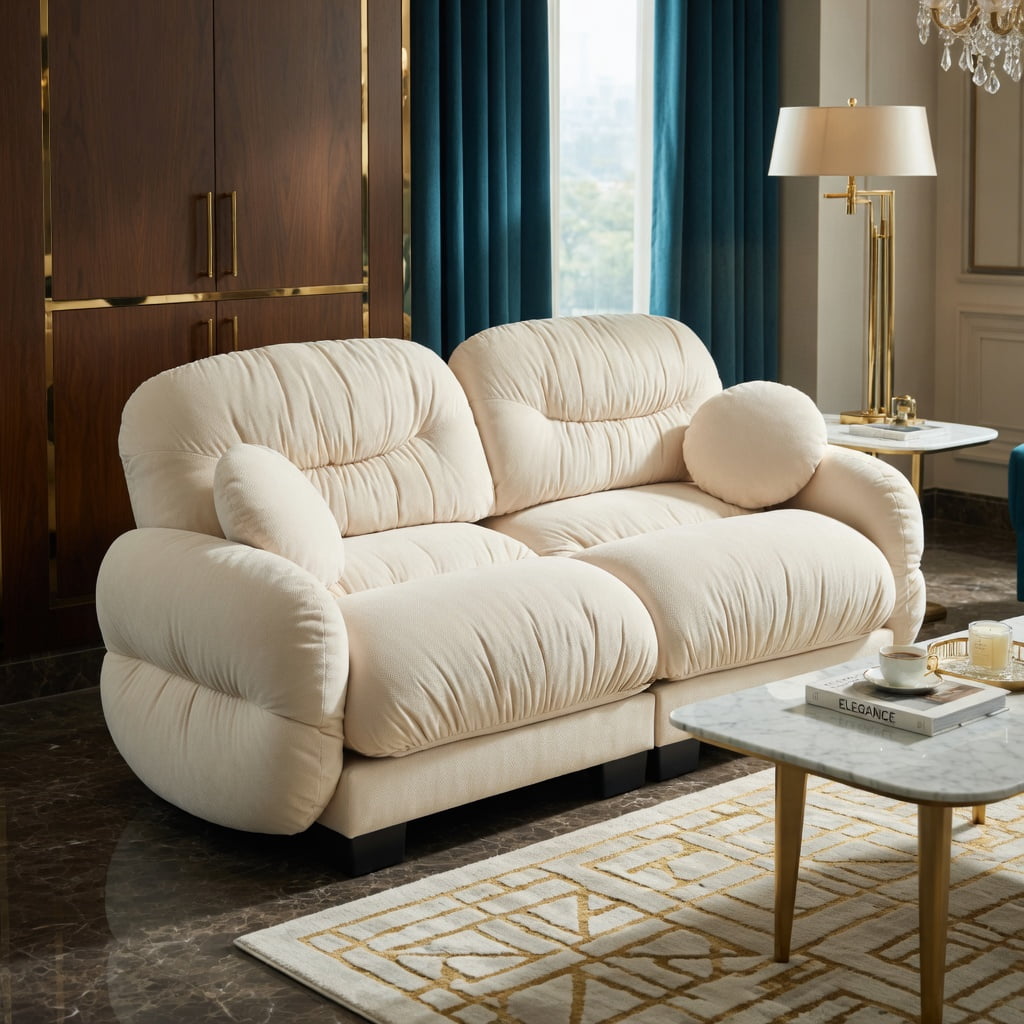Hommoo Chenille 2-Seater Modular Sofa with Pleated Back, Ergonomic High-Density Foam Cushions, Curved Armrests & 2 Round Throw Pillows, Beige