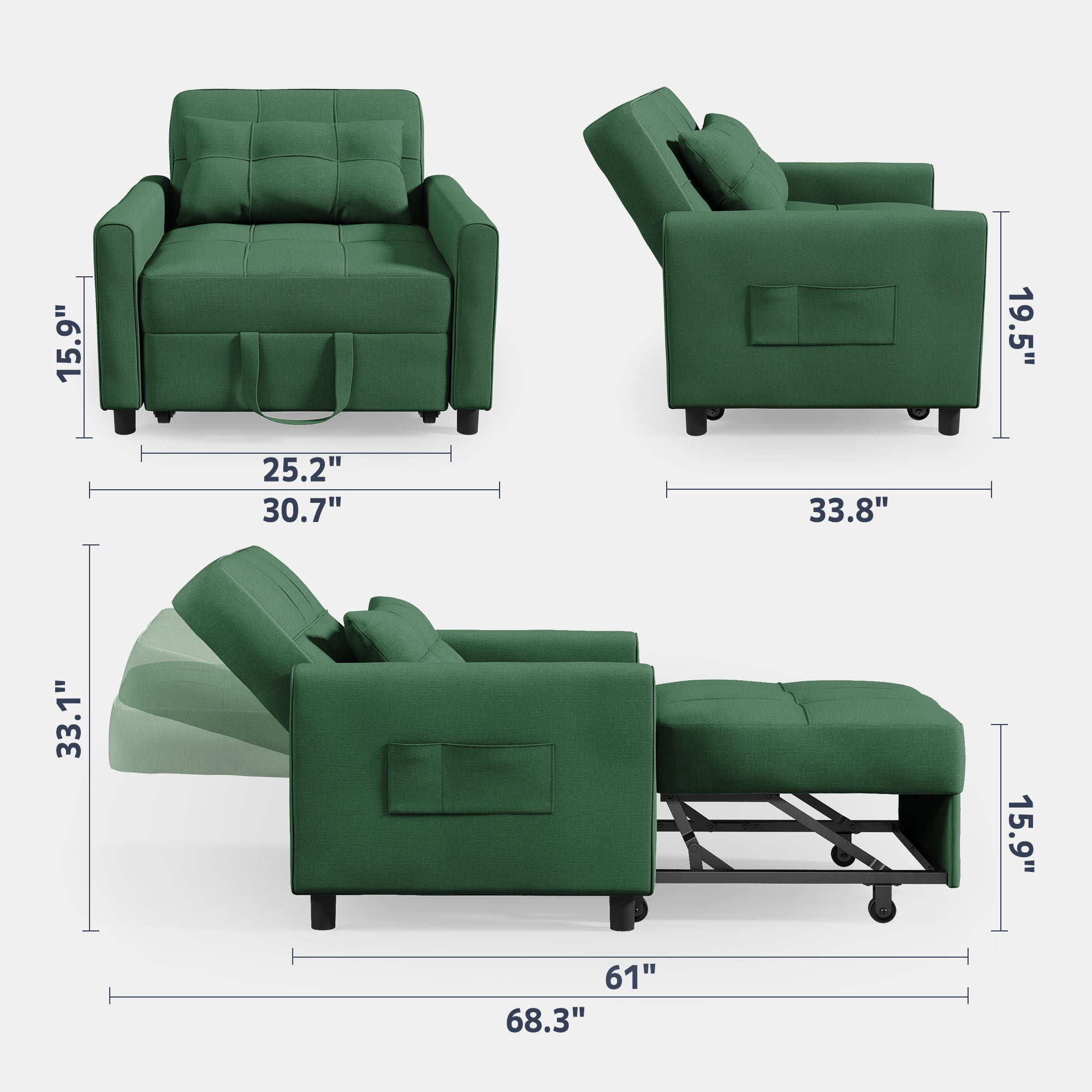 Asofer Sofa Bed Chair, 3 in 1 Convertible Futon Couch, Adjustable Backrest, for Living Room, Office, Green