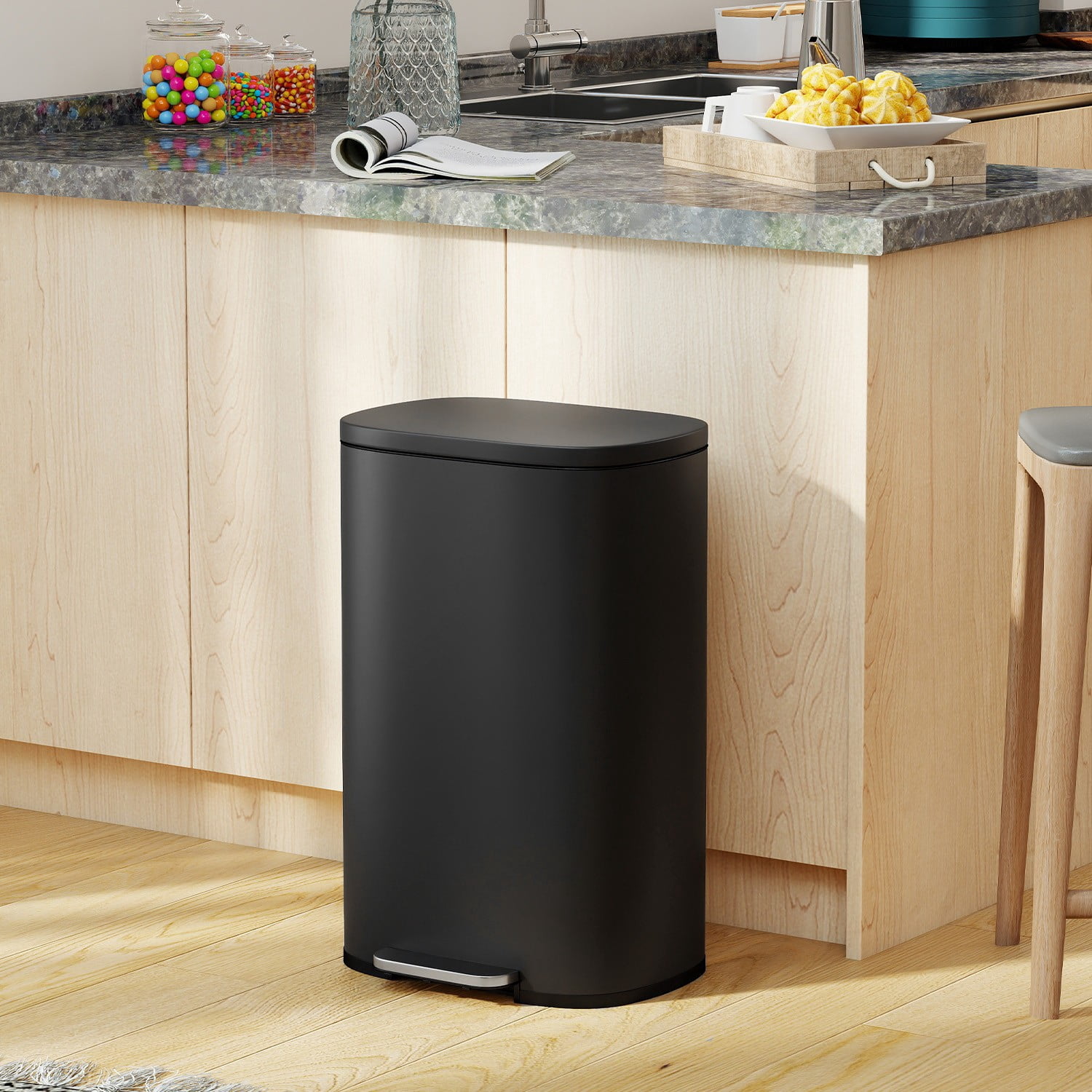 FASCK 13 Gallon/50 L Garbage Can Kitchen Trash Can with Lid for Office Bedroom Bathroom Step Trash Bin Fingerprint-Proof Brushed Stainless Steel 13 Gallon / 50 Liter,Black
