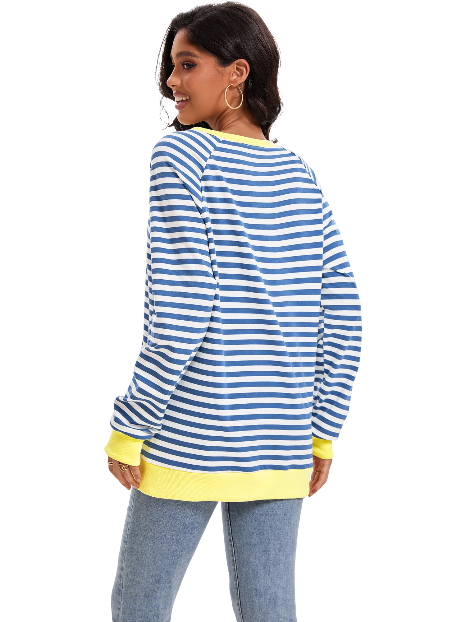 Unique Bargains Women's Striped Oversized Crewneck Pullover Tops S Blue White