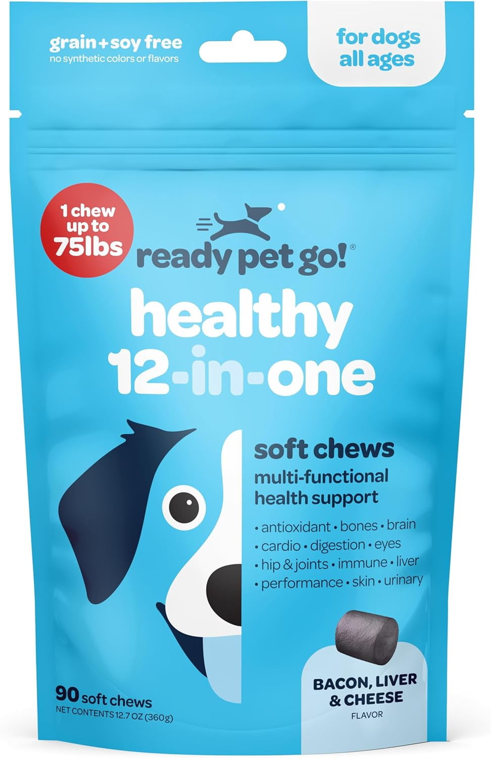 Ready Pet Go! Healthy Dog Chews 12-In-1 Complete Multivitamin for Dogs, Bacon, Liver & Cheese, 90 Pc