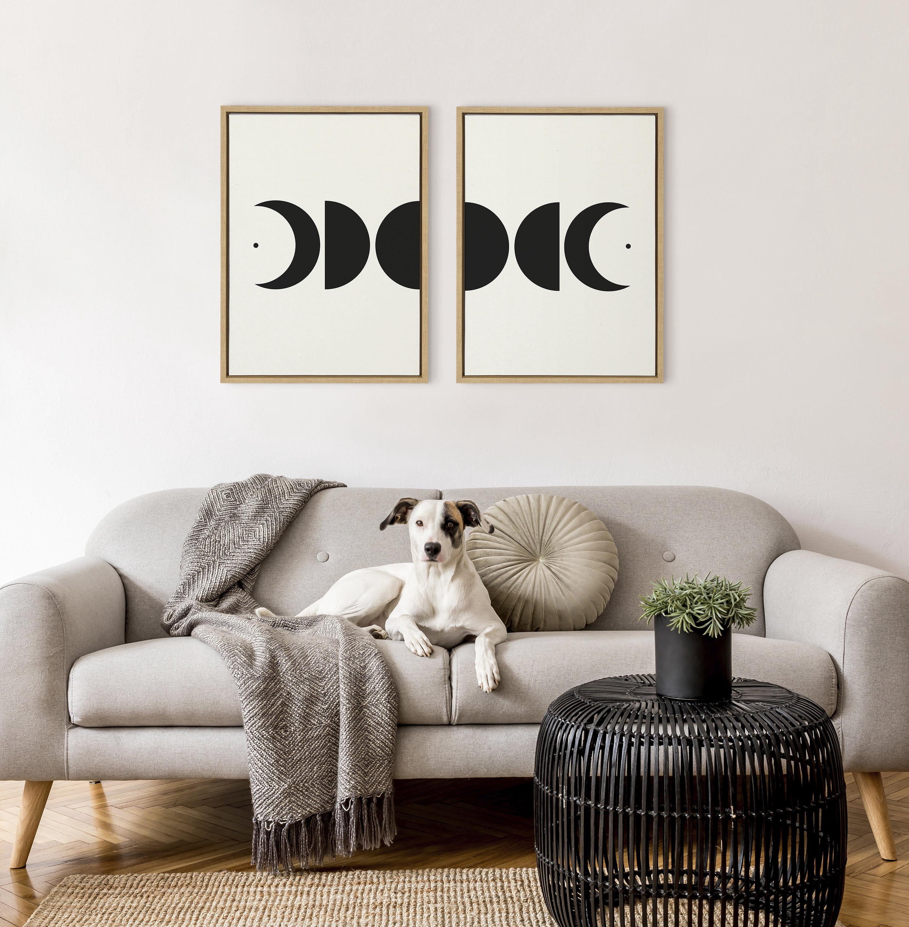 Kate and Laurel Sylvie Modern Geometric Moon Phases Framed Canvas Wall Art by the Creative Bunch Studio 18x24 Natural Modern Cosmic Art for Wall