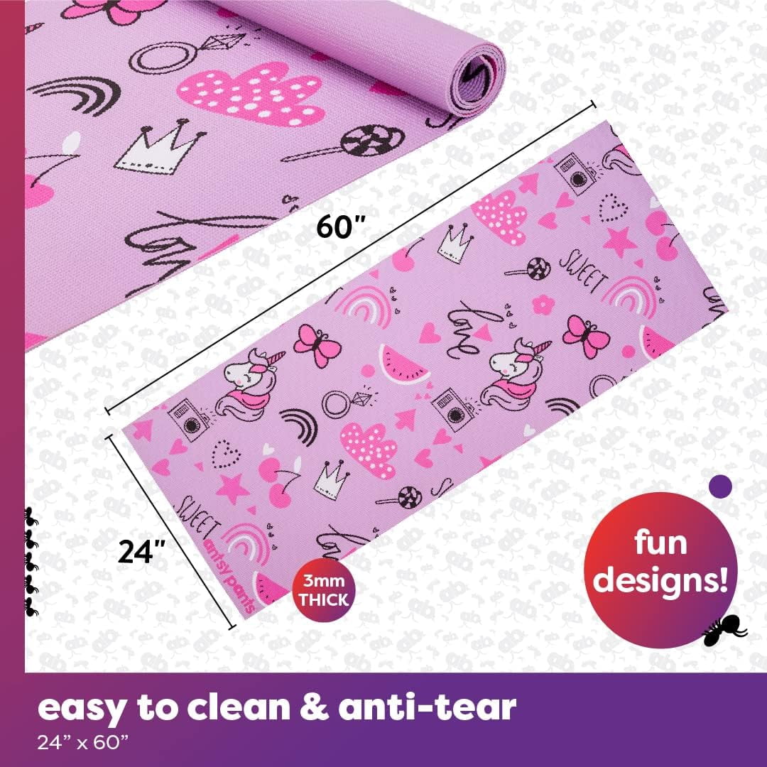 Antsy Pants Kids Yoga Mat - Yoga Mat for Kids, Yoga Mats for Home Workout, Travel Yoga Mat, Yoga Mat Non Slip, 60” x 24”, 3mm Free of Toxic Phthalates, Pink Unicorn