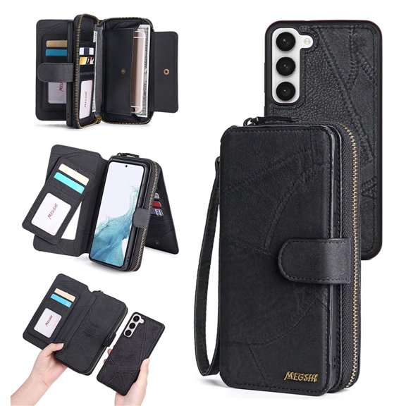 Magnetic Detachable Wallet Case for Galaxy S23 Plus with Card Slot & Kickstand, PU Leather RFID Blocking Cover Support Wrist Strap Acrylic Mirror Full Body Protective Shell, Black