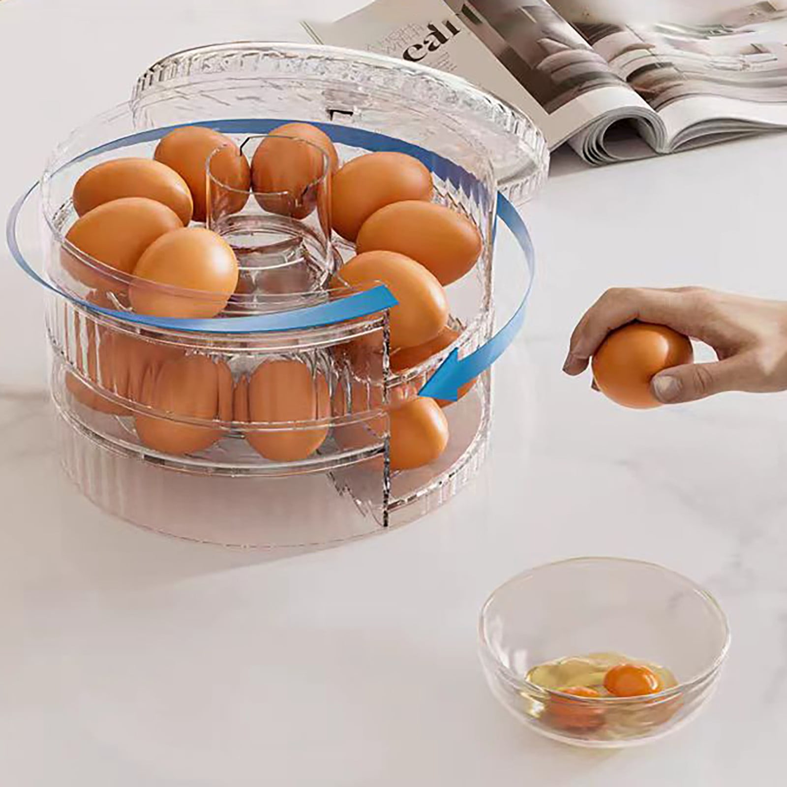 THHEIC Clear Plastic Automatic Rolling Egg Organizer and Dispenser with Sturdy Lid, Stackable Refrigerator Storage Bin for Space-Saving Kitchen Organization