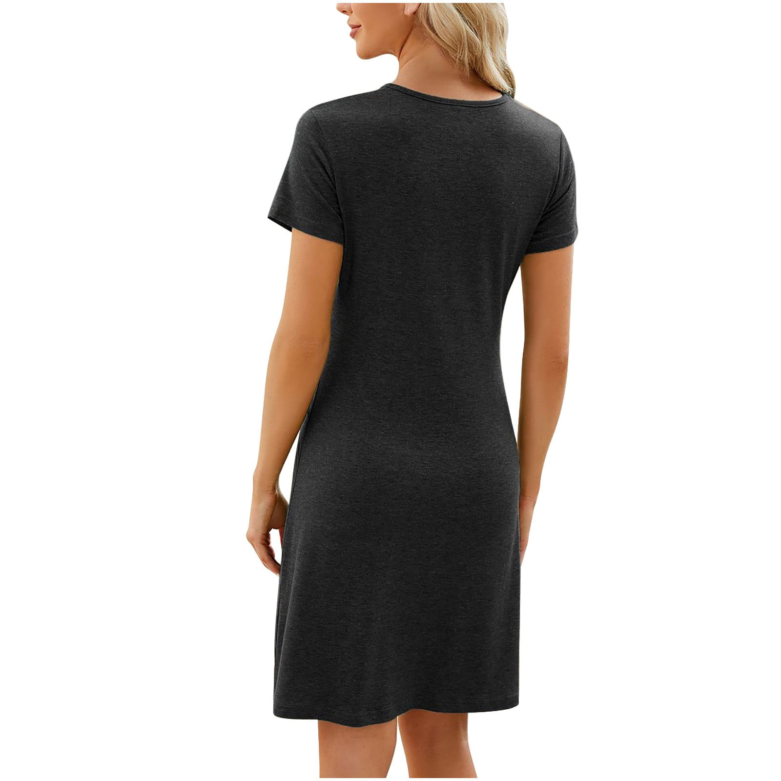 ATOYSOY Women's Short Sleeve Mini Loose Dress Pleated Cotton Lined Elegant Casual Relaxed Slim Retro Beach Sundress Trendy Round Neck Workout Dress for Girls Black