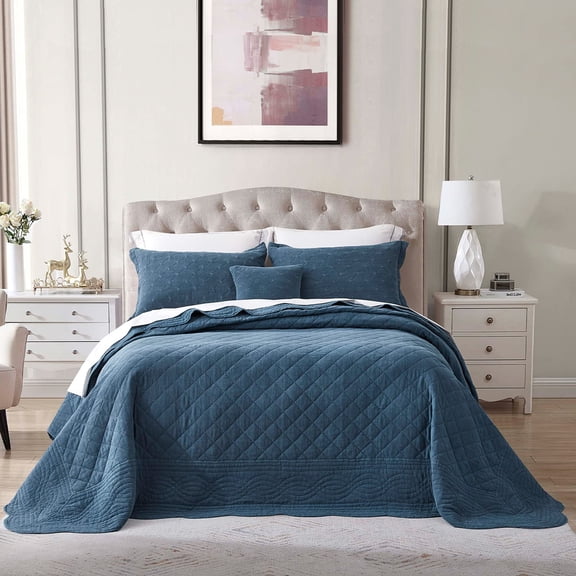 HZ & HY Oversized Queen Bedspread - Shabby Chic Rustic Look - Enzyme Washed, Ultra Soft & Lightweight, Reversible, Cotton/Polyester, 5 Piece, Queen, Majolica Blue