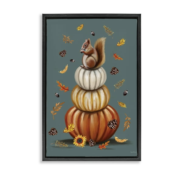 Stupell Industries Squirrel Atop Pumpkin Stack Animals Painting Black Floater Framed Canvas Art Print Wall Art, 17 x 25