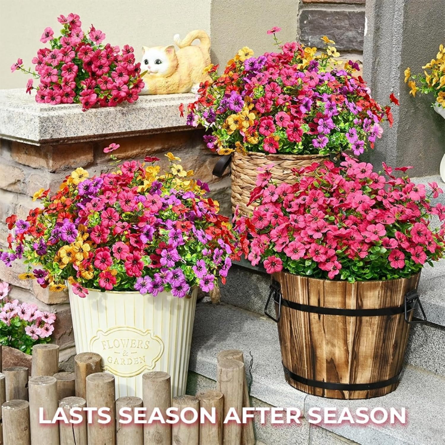 Artificial Outdoor Flowers UV Resistant, Mixed Color Faux Plants 12 Bundles, Realistic Plastic Flowers for Porch Patio Garden Yard Decor
