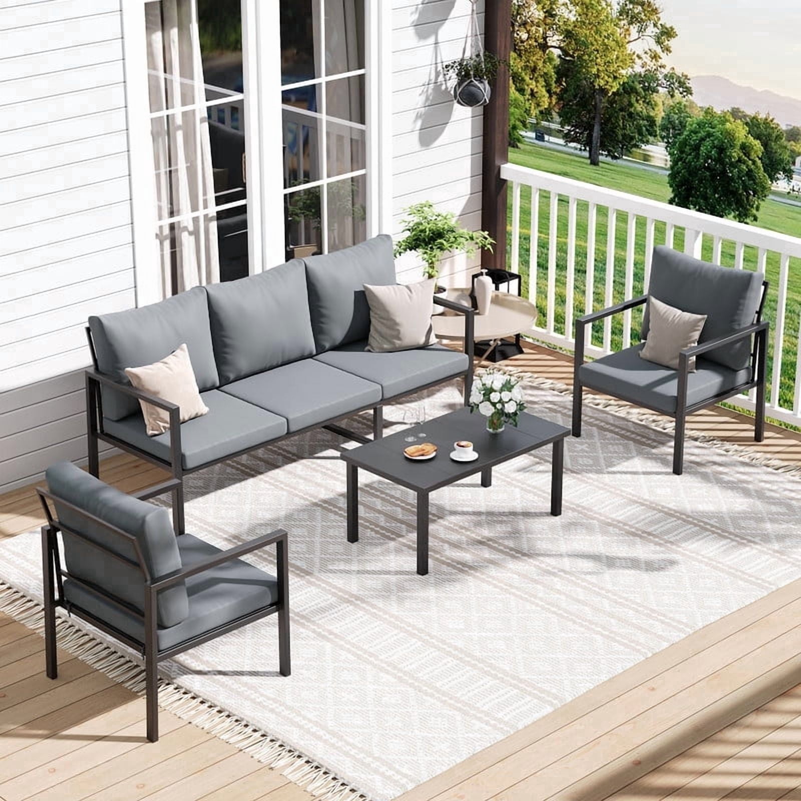 MRUAKA 4-Piece Outdoor Patio Conversation Set, Metal Frame Furniture Sofa with Armchairs & Coffee Table, Weather-Resistant Cushions for Balcony, Deck, Poolside Gray