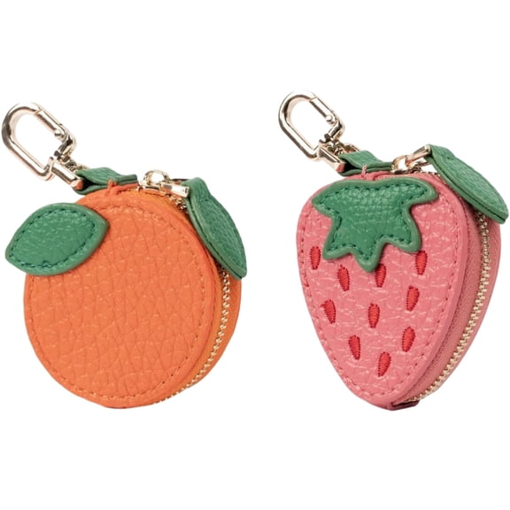 2 PCS Cute Fruit Coin Purse Bag Charm,Mini Leather Coin Change Purse & Pouch Holder Keychain Charm for Handbag Tote Wallet Airtag Accessories,Fruit Bag Charms for Girl Women(Orange Strawberry)