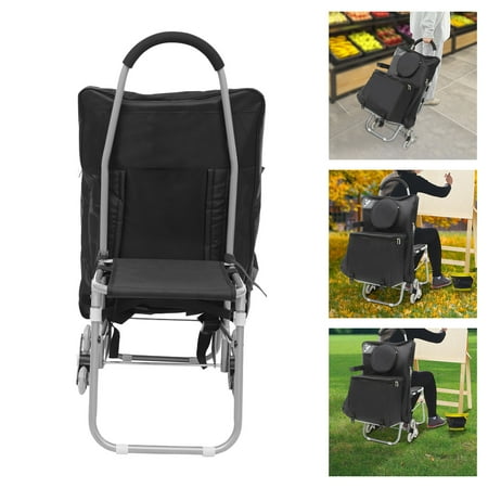 ToppiJoy Foldable Shopping Cart with Seat, Multi-Functional Dolly with a Detachable Painting Storage Bag for Shopping, Outdoor Painting (Black)