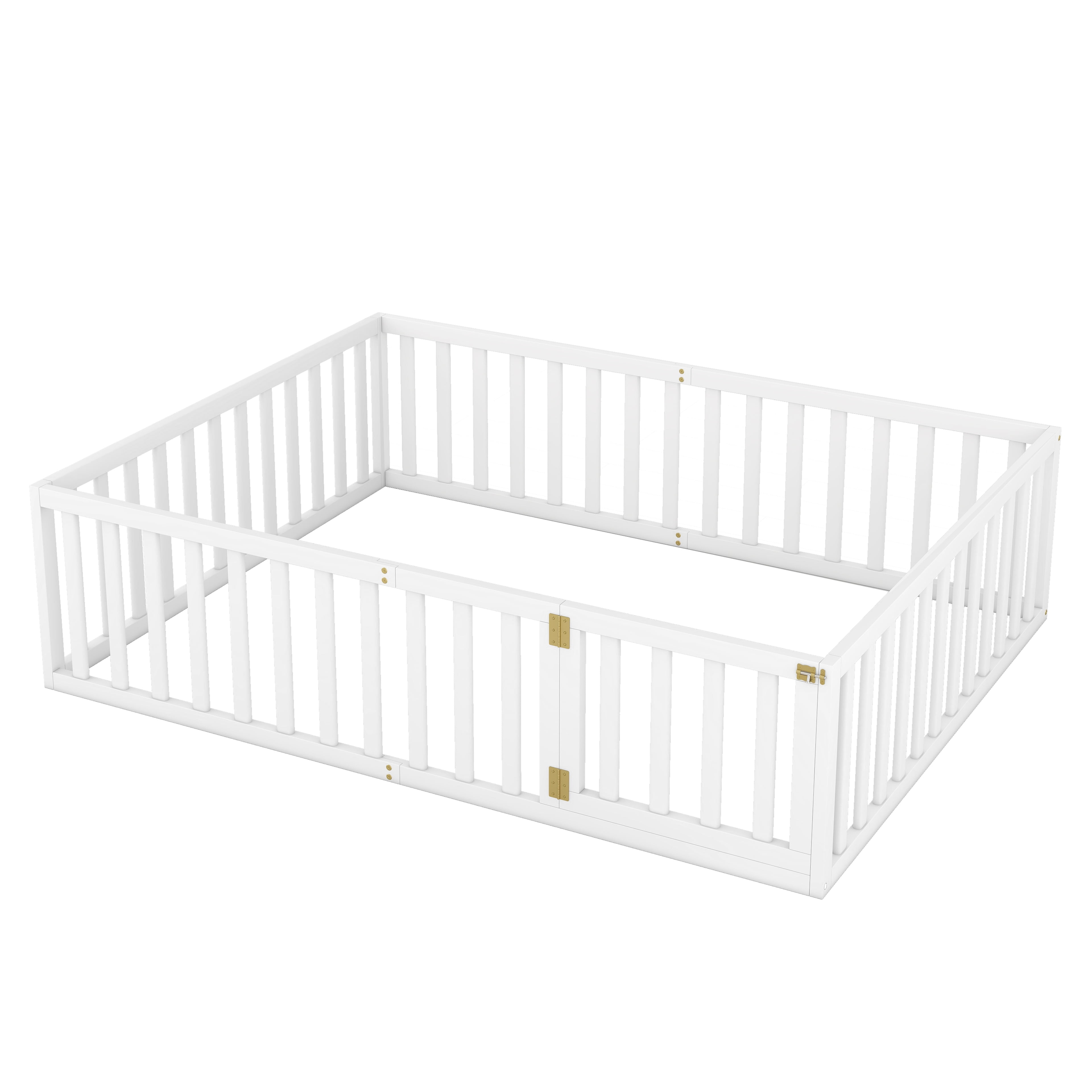 Harper & Bright Designs Montessori Floor Bed, Queen Size Floor Bed with Fence and Door, Floor Bed Frame with Guardrails for Boys Girls, White
