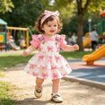 thumbnail image 4 of Wxirdiow Dresses Baby Girl Newborn Baby Girl Clothes Bow Print Short Sleeve Tops Suspender Skirt with Headband Summer Outfits Pink Size,9-12 Months, 4 of 6