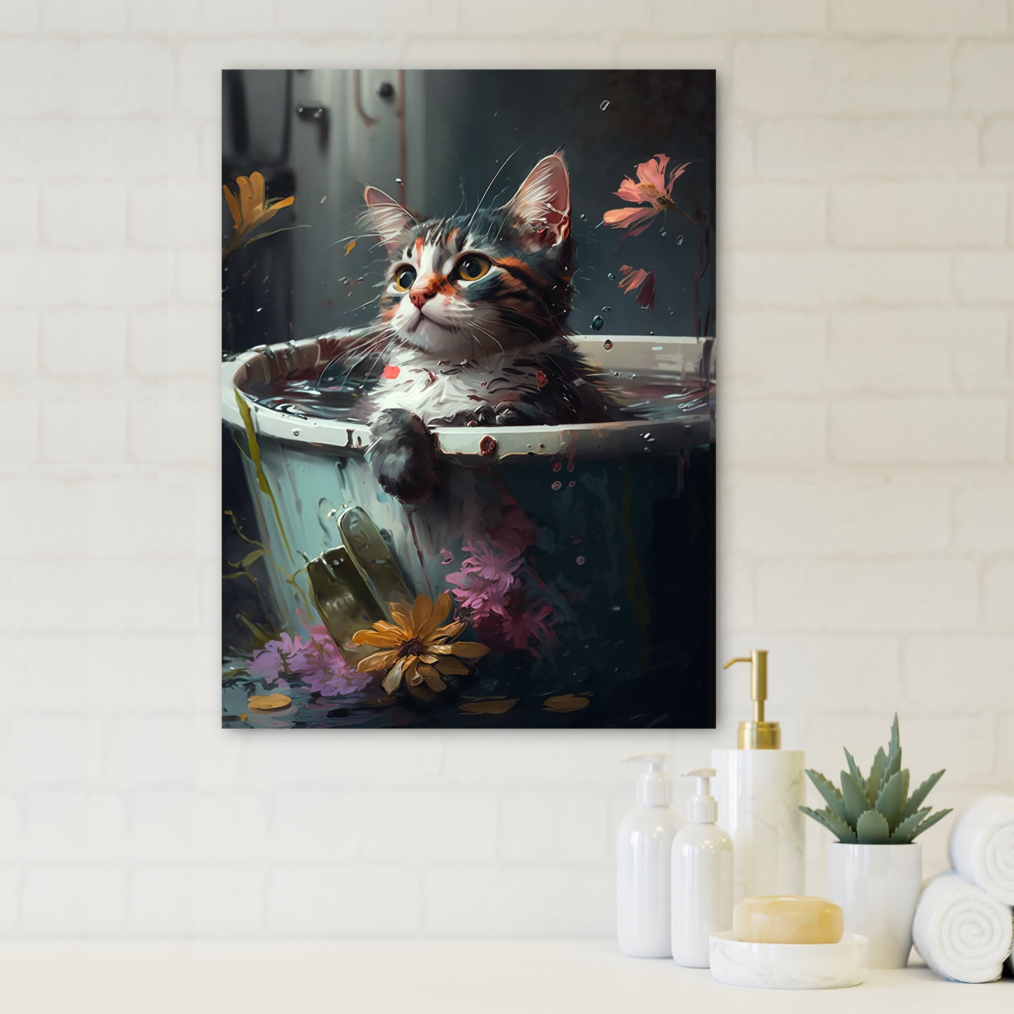 Designart Funny Cat Caricature In The Tub With Flowers II Canvas Wall Art