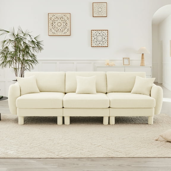 Boucle Fabric 3-seater Sofa Couch With Distinctive Shell-shaped Armrests,Cylindrical Legs Wrapped with Self-fabric,Beige Color