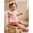 thumbnail image 5 of BemeyourBBs Newborn Baby Girl Summer Clothes Smocked Bubble Romper Cotton Linen Outfits Cherry Floral Print Crew Neck Flying Sleeve Bodysuit and Bow Headband 2 Pcs Set, 5 of 9
